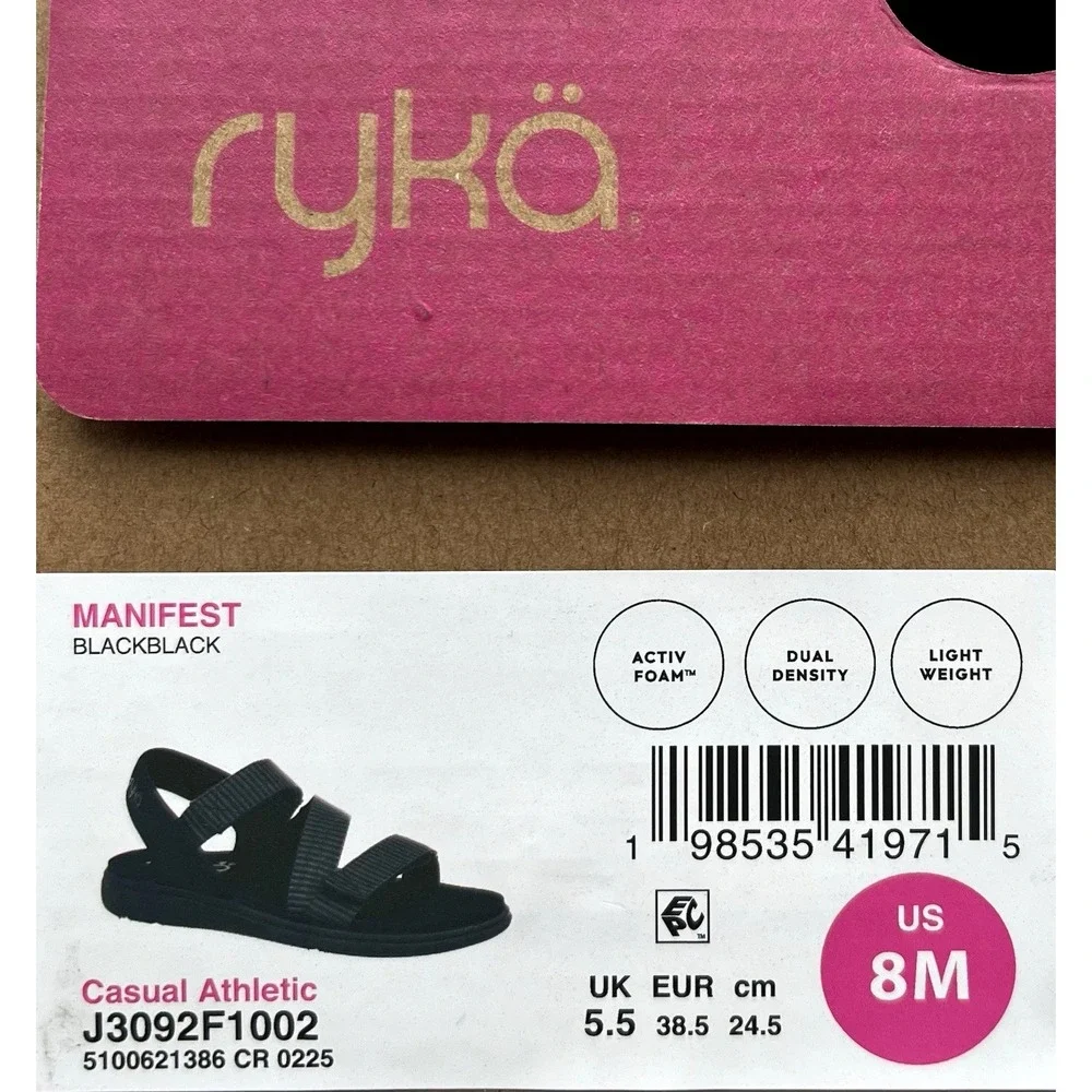 Ryka Womens Manifest Sport Adjustable Sandals Size 8‎ Black Lightweight Comfort